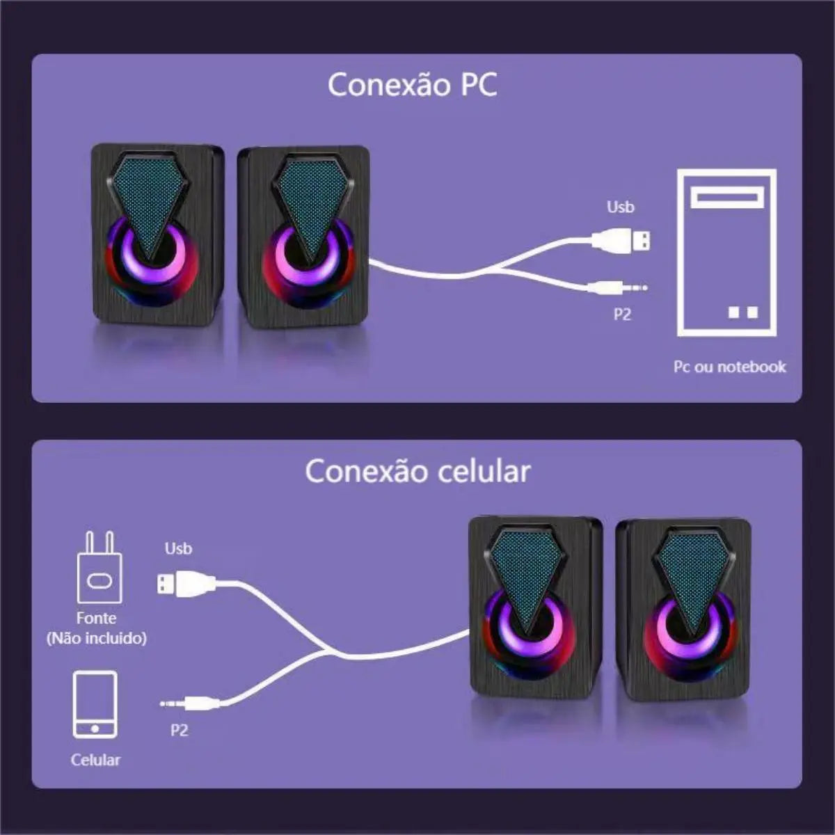 Caixa de som Com Luz RGB Estéreo 2.0